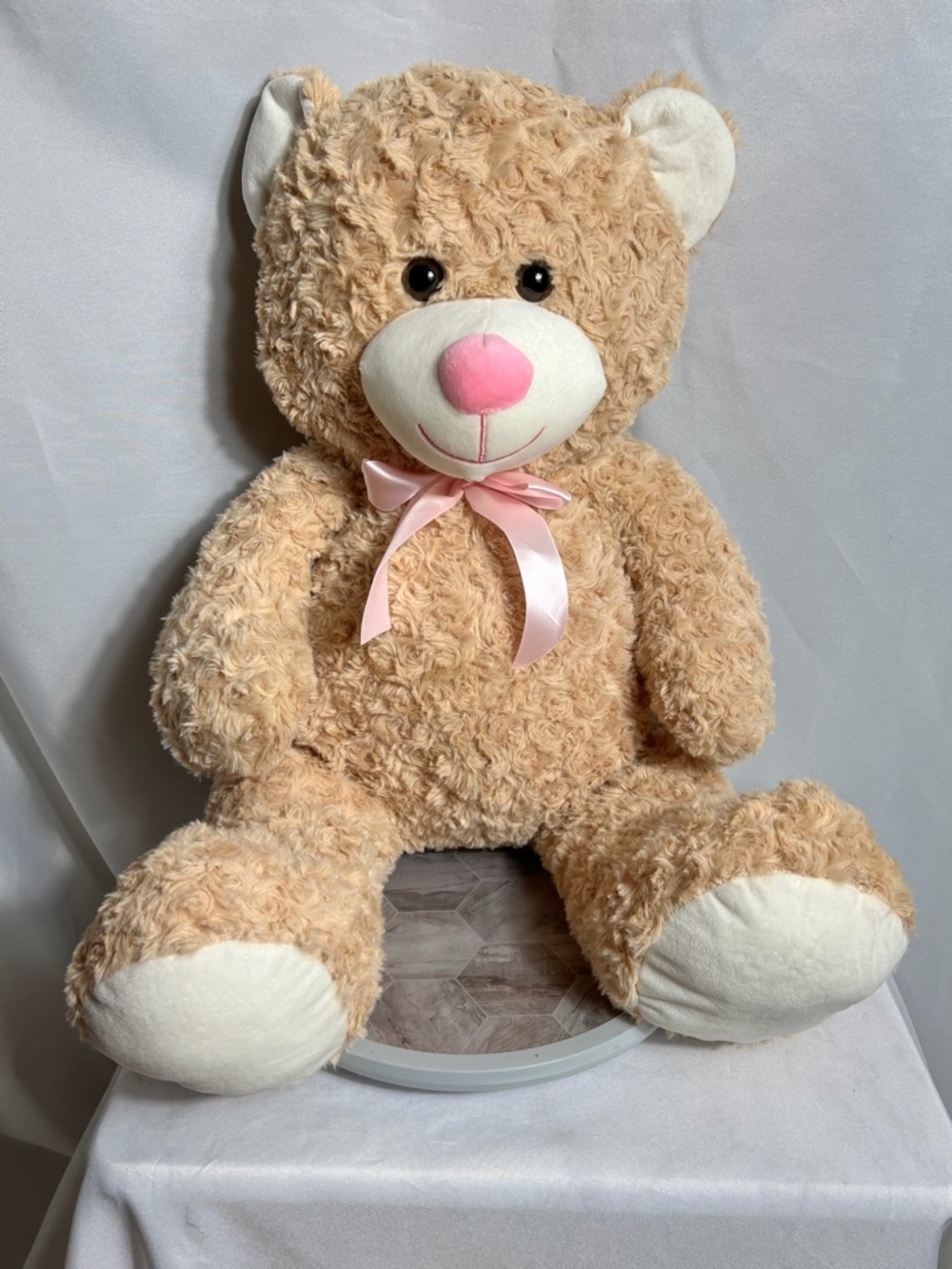 Walgreens Plush Teddy Bear Pink Bow Beige Curly Soft Stuffed Animal Large